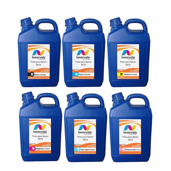 Kit 6 Tinta para Ecotank Epson T6731 T6732 T6733 T6734 T6735 T6736 - L800 L805 L810 L1800 CMYK Corante de 5 Litros