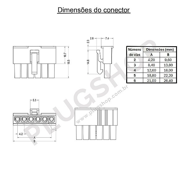 Conector Mini Fit Fêmea 5 vias Passo 4,2mm Fileira Simples