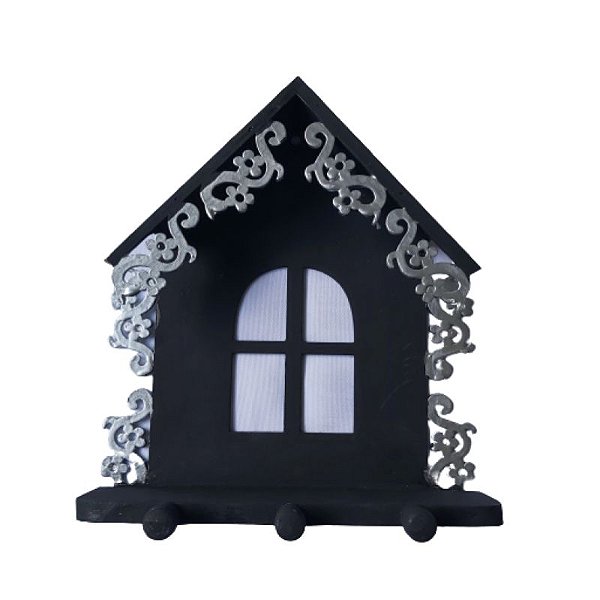 Porta Chave De Parede Decorativo Casinha Preto e Prata 22cm