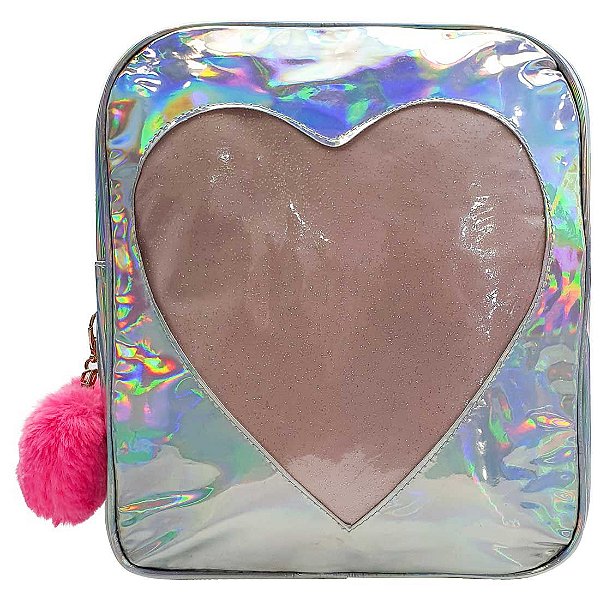 Mochila Infantil Holográfica Coração - Prata e Rosa - Glamour Pink