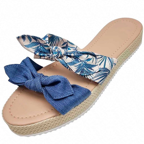 Tamanco Flat de Folhas com Lacinhos - Azul