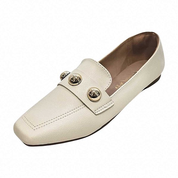 Mocassim com Detalhes Metalizados - Creme