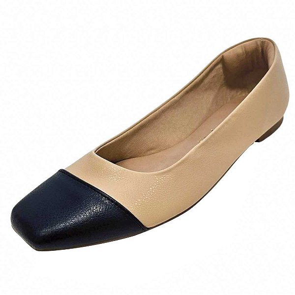 Sapatilha Bico Quadrado Cap Toe - Bege e Preto