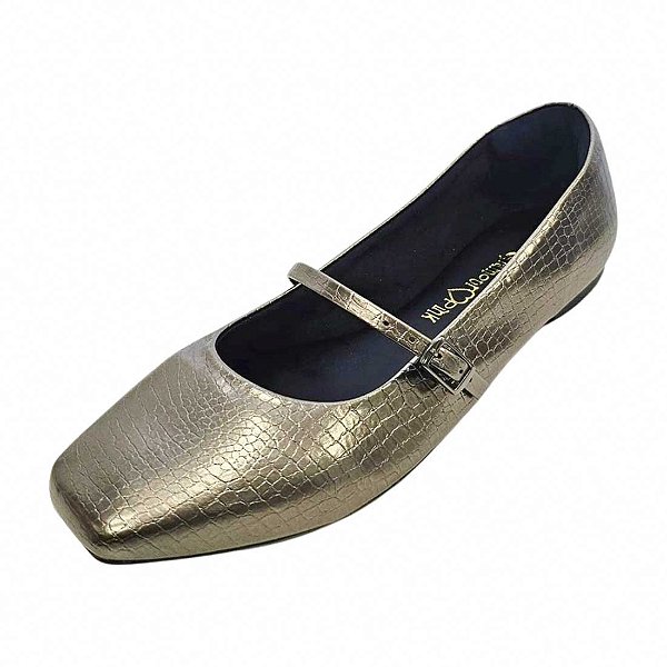 Sapatilha Boneca Bico Quadrado Croco com Fivela - Cobre