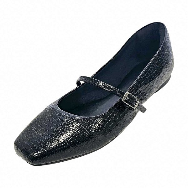 Sapatilha Boneca Bico Quadrado Croco com Fivela - Preta