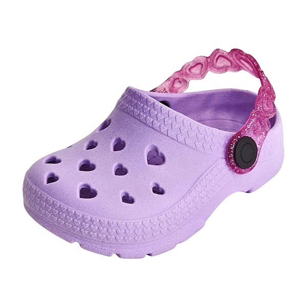 Babuche Clog Infantil Love Coração - Lilás e Rosa Glitter