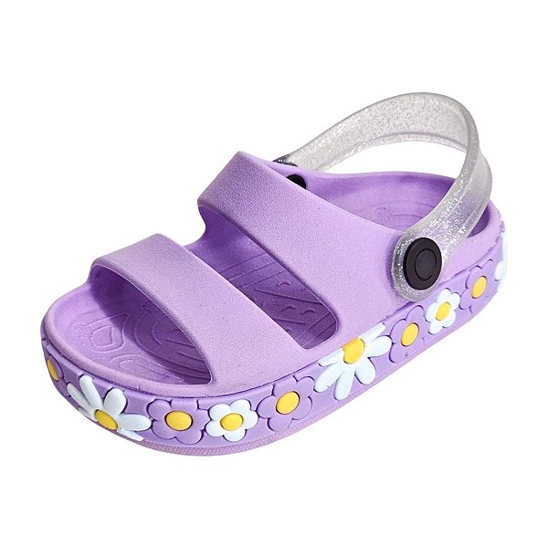 Sandália Clog Infantil Margaridas - Lilás Glitter