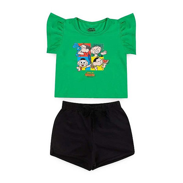 Conjunto Infantil Menina Turma Da Mônica Feliz - Verde e Preto