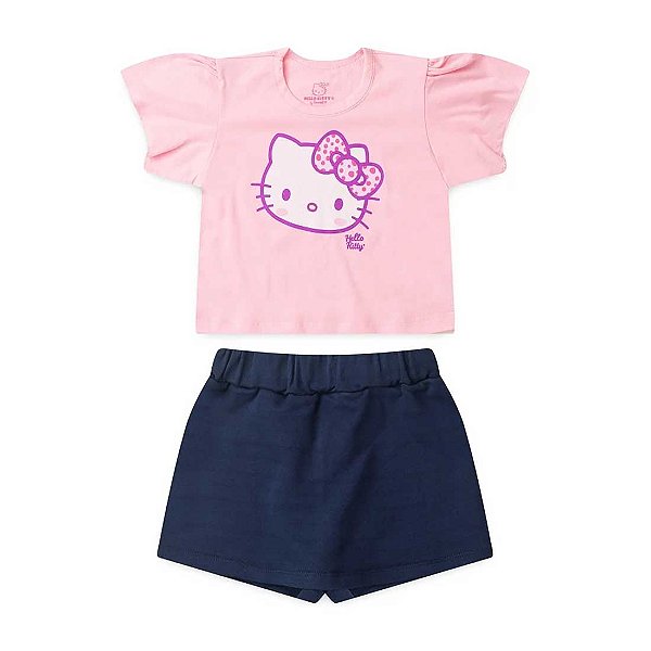 Conjunto Infantil Menina Babado Bufante - Hello Kitty Rosa e Azul Marinho