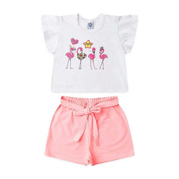 Conjunto Infantil Menina Festa Dos Flamingos - Branco e Rosa