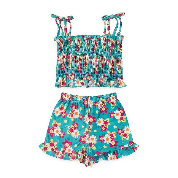 Conjunto Infantil Menina Lastex Florido - Turquesa