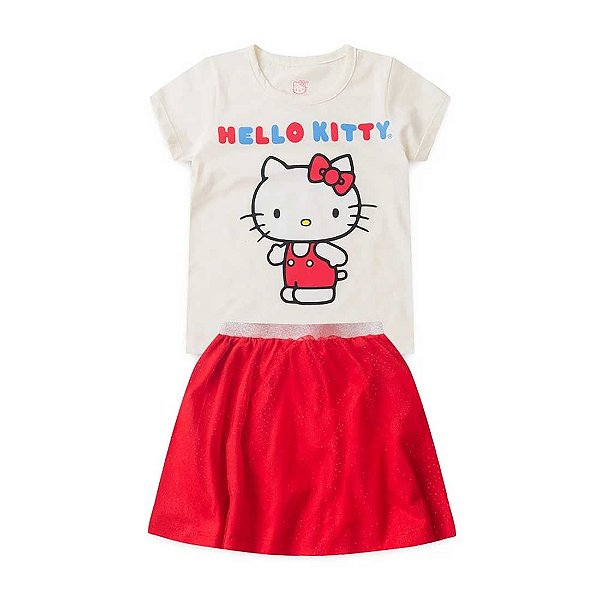 Conjunto Infantil Menina Pequena Gatinha Hello Kitty - Branco e Vermelho