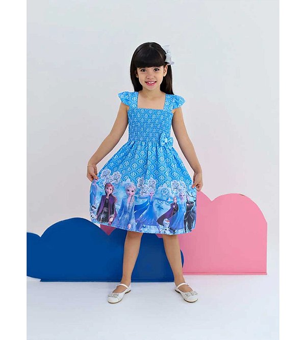 Vestido Infantil Ciganinha com Lastex Frozen - Azul