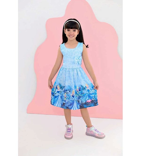Vestido Infantil Drapeado com Laço e Lastex Cinderela - Azul Bebê