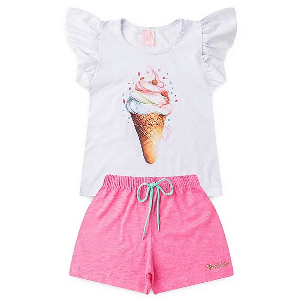 Conjunto Infantil Menina Sorvete - Branco e Rosa