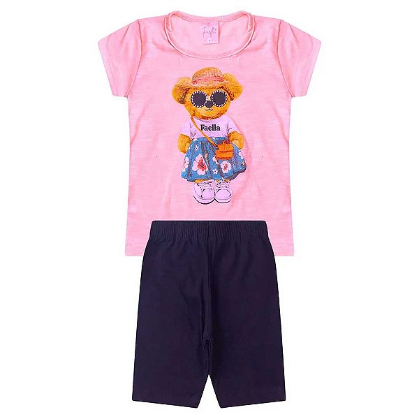 Conjunto Infantil Menina Stylish Bear - Rosa e Azul