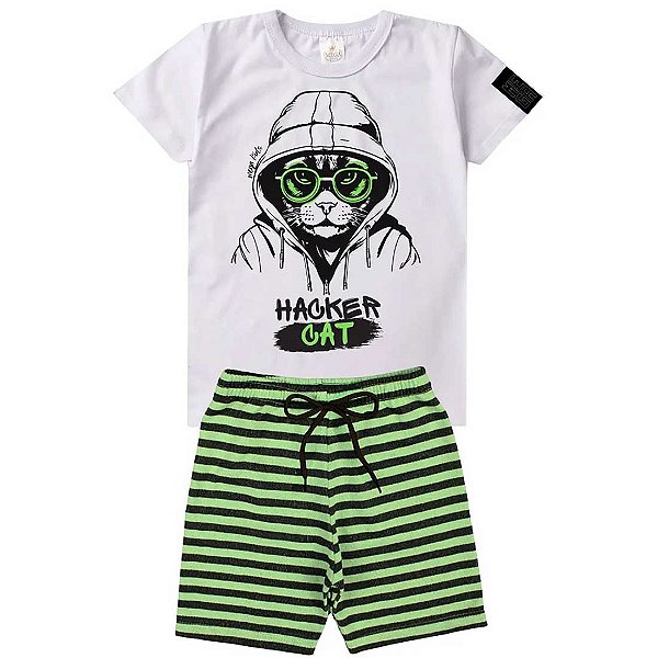 Conjunto Infantil Menino Hacker Cat - Branco, Preto e Verde