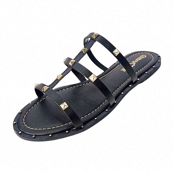 Sandália Rasteira com Spikes Ouro - Preto
