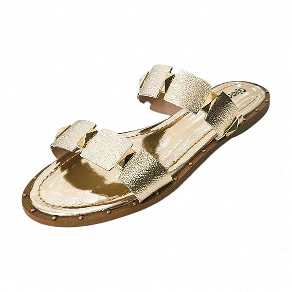 Sandália Rasteira 2 Faixas com Aplique Dourado - Ouro Light