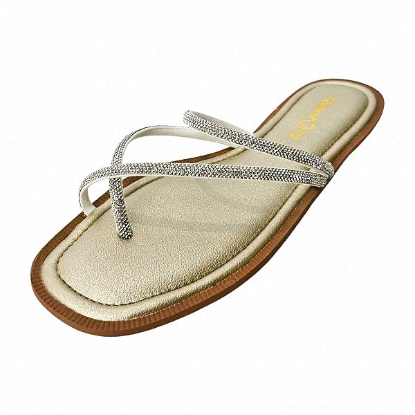 Sandália Rasteira Cruzada de Dedo com Strass - Ouro Light