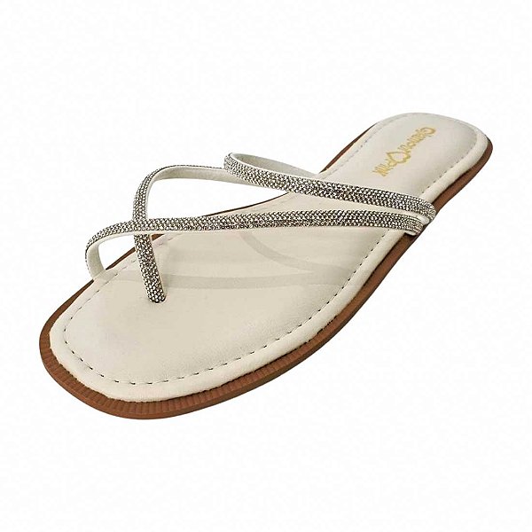 Sandália Rasteira Cruzada de Dedo com Strass - Off White