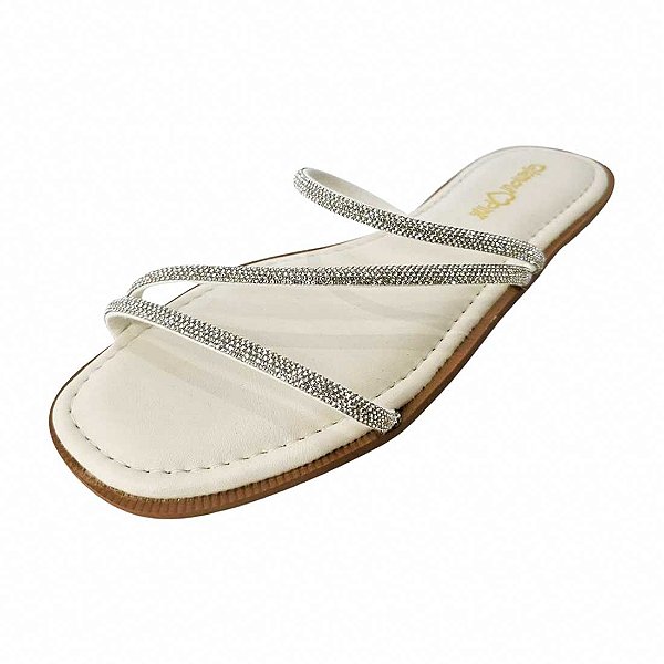 Sandália Rasteira ZigZag Strass - Creme