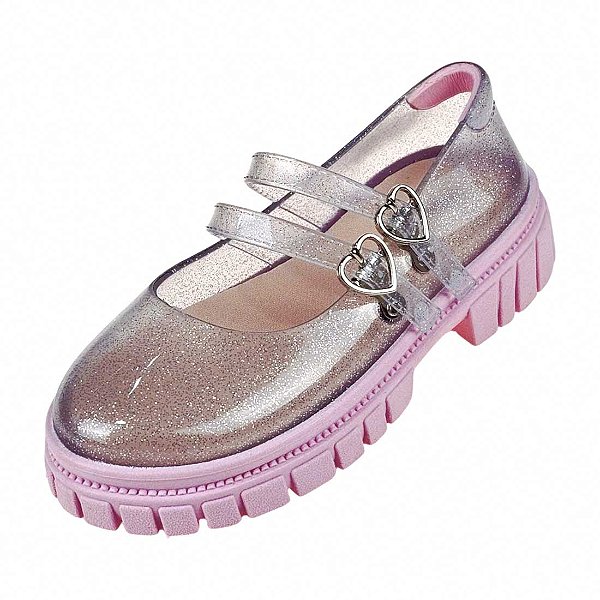 Sapato Boneca Mary Jane Tratorado - Incolor Glitter Prata e Rosa