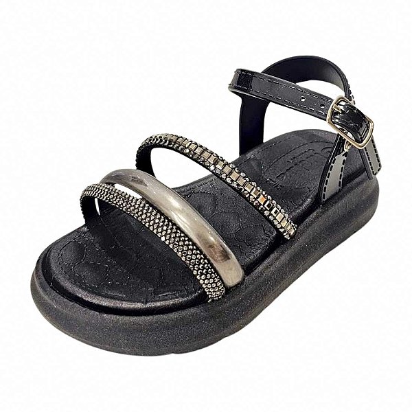 Sandália Eloá 3 Tiras com Strass - Preto