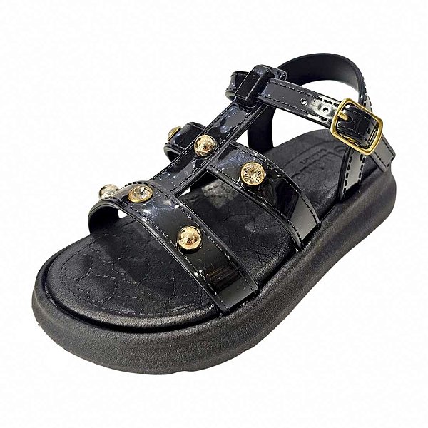 Sandália Eloá 3 Tiras e Strass - Preto