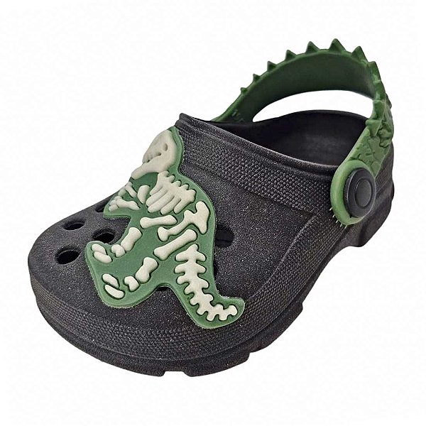 Sandália Clog Cross Esqueleto Dino Brilha no Escuro - Preto e Verde