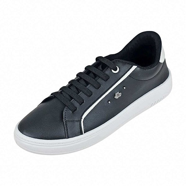 Tênis Basic Elástico com Flor Lateral - Preto e Branco