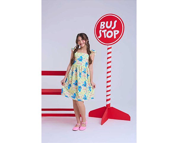 Vestido Infantil Menina Rodado Stitch - Amarelo