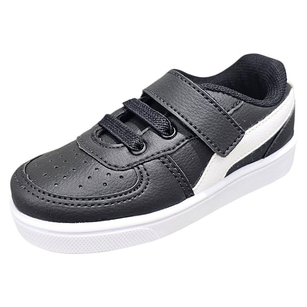 Tênis Infantil Cadarço Elástico e Crepe Onda - Preto e Branco