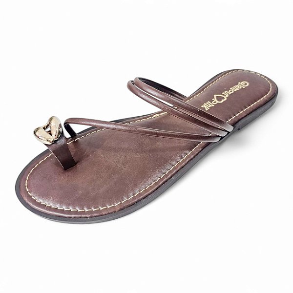 Sandália Rasteira Cruzada com Fivela Dourada - Marrom