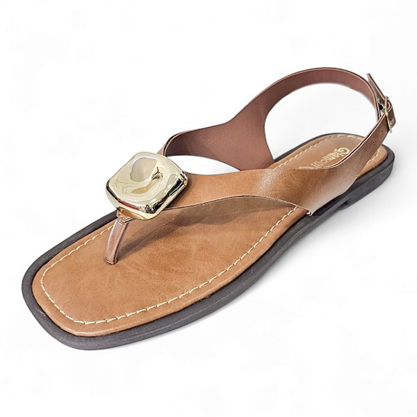 Sandália Rasteira de Dedo com Fivela Dourada - Caramelo