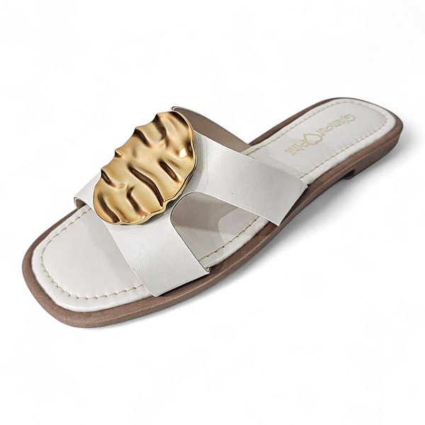 Sandália Rasteira H com Fivela Redonda Ouro - Off White