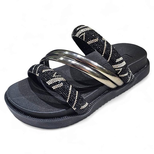 Rasteirinha Lara Com Faixa de Strass - Preta e Prata