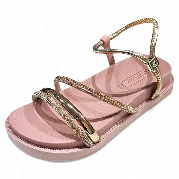 Sandália Lara 3 Tiras com Strass - Rosé