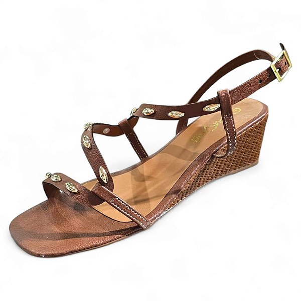 Sandália Anabela Média Cut Laser Onda - Caramelo