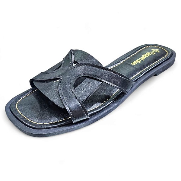 Sandália Rasteira com Detalhe Frontal - Preta