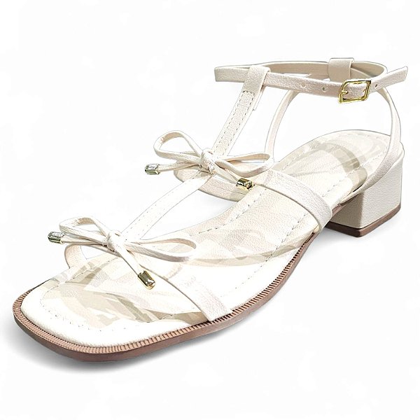 Sandália Salto Bloco com Lacinhos - Off White