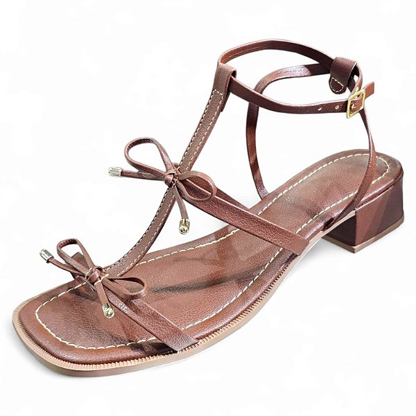 Sandália Salto Bloco com Lacinhos - Marrom