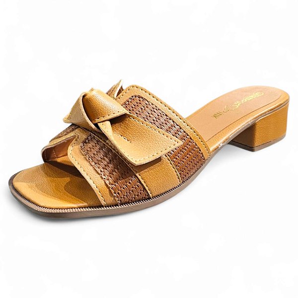 Tamanco Salto Médio Tressê com Laço - Caramelo