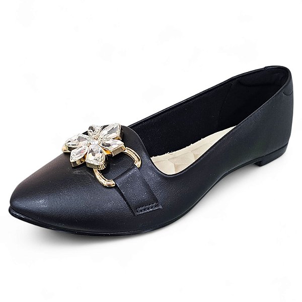 Sapatilha Bico Fino com Fivela Pedraria - Preto