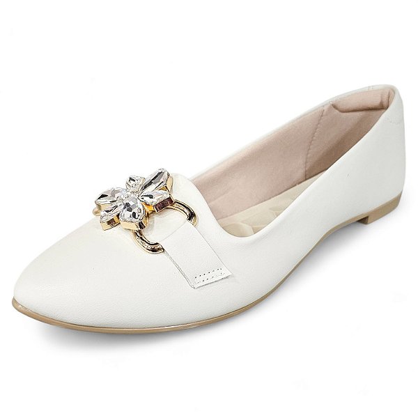 Sapatilha Bico Fino com Fivela Strass - Off White