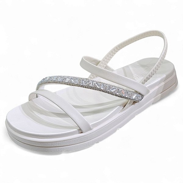 Sandália Rasteira Meia Pata com Strass - Off White