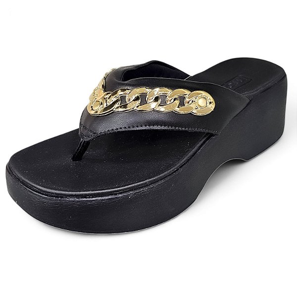 Tamanco Meia Pata com Corrente Dourada - Preto