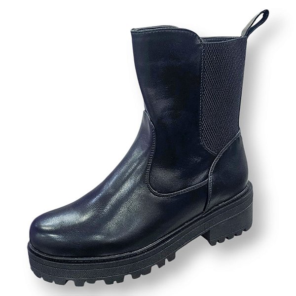 Bota Tratorada Cano Curto Elástico e Zíper - Preta