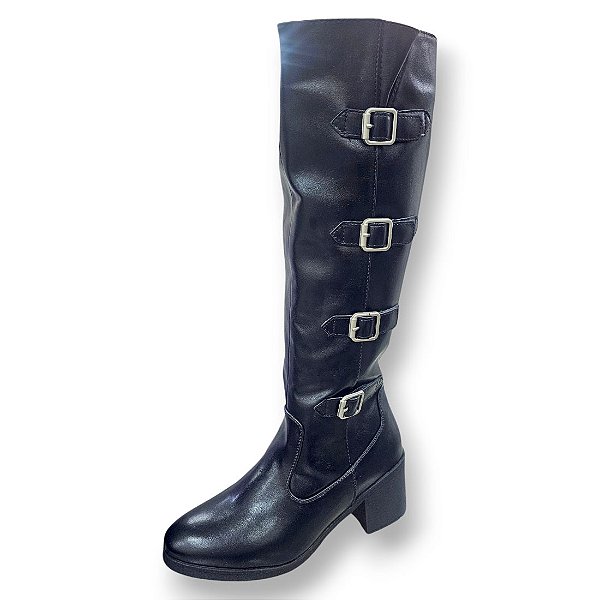 Bota Cano Longo com Fivelas Salto Médio - Preta