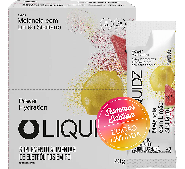 ELETRÓLITOS - SABOR MELANCIA COM LIMAO SICILIANO - CX/ 14 SACHÊS x 5g - LIQUIDZ